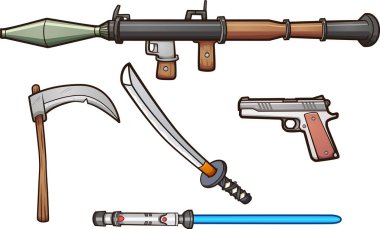 Assorted cartoon weapons. Vector clip art illustration with simple gradients. Each on a separate layer clipart