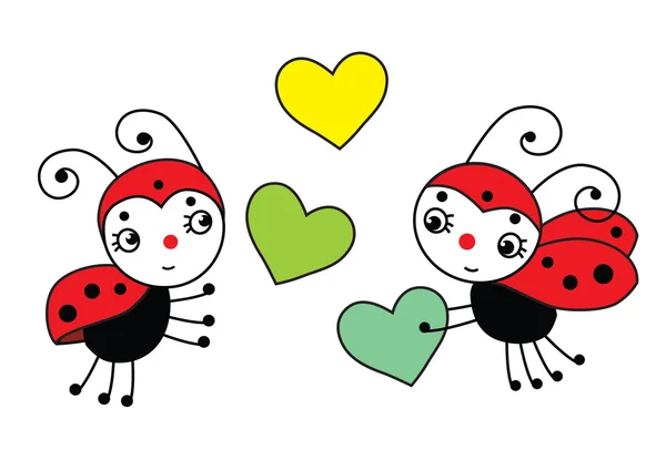 İki kırmızı ladybugs ile kalpleri bahar - vektör çizim seviyorum