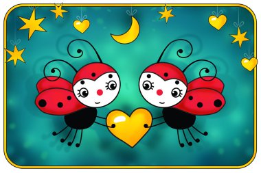 Sarı kalp - doğum günü kartı ile iki kırmızı ladybugs