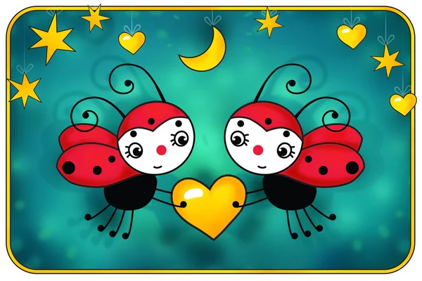 Two red ladybugs with Yellow heart - birthday card — Stock Photo, Image