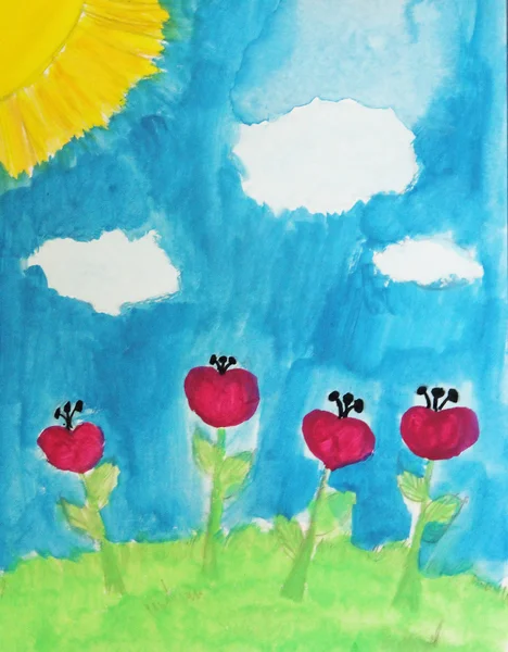 Rysunek dziecka - krajobraz lato z czerwonych kwiatów — Zdjęcie stockowe
