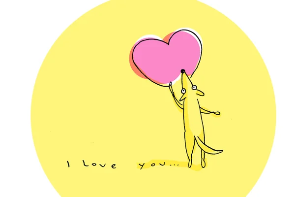 Yellow dog drawing big pink heart on Valentine's Day - illustration — Stock Photo, Image