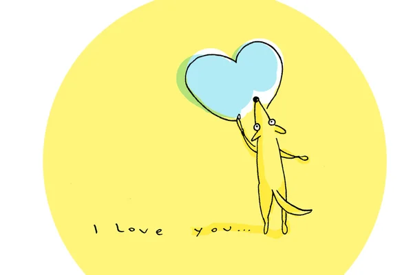 Żółty pies rysunek wielkie niebieskie serce Valentine's Day - ilustracja — Zdjęcie stockowe