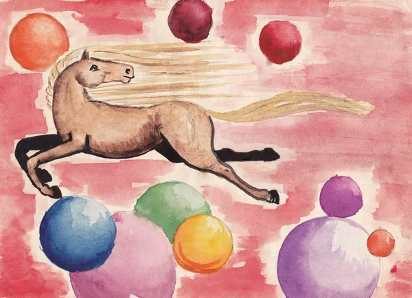 Лошадь летит на фоне красочных воздушных шаров - Детский рисунок акварель — стоковое фото