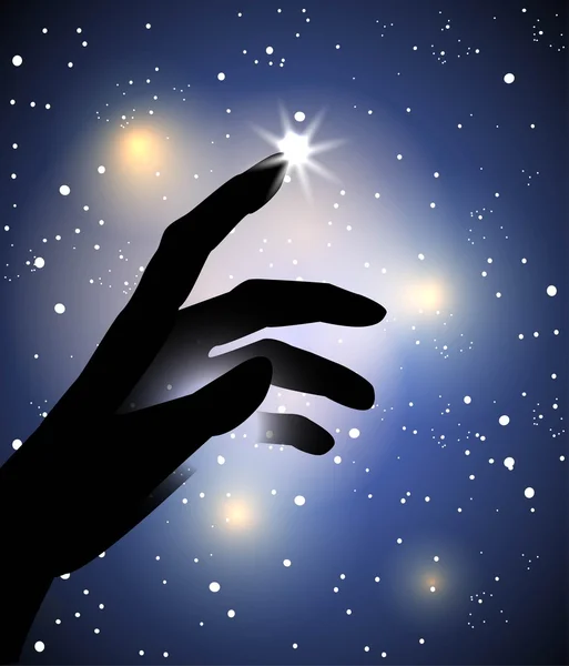 Hand silhouette touching with a finger a star in the sky — Stock Vector