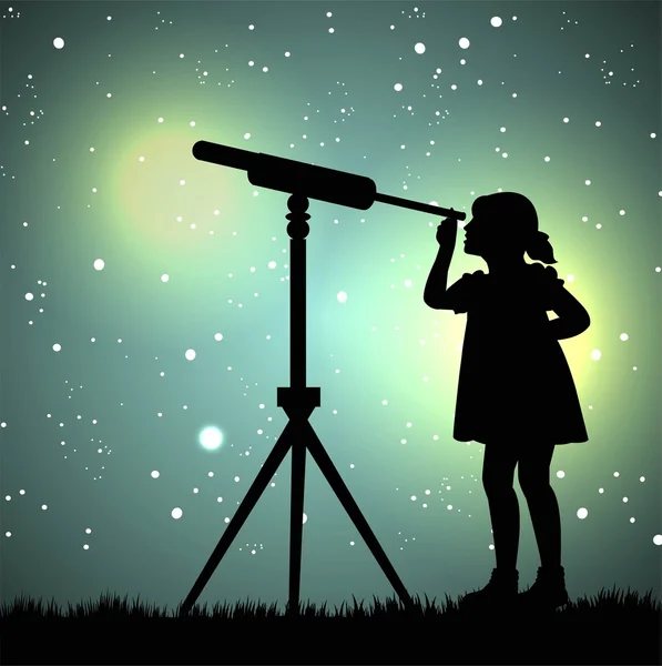 Silueta de chica mirando a través de un telescopio — Vector de stock