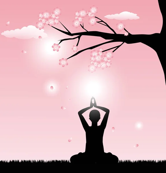 Silueta practicando yoga, meditando en Lotus Pose — Vector de stock