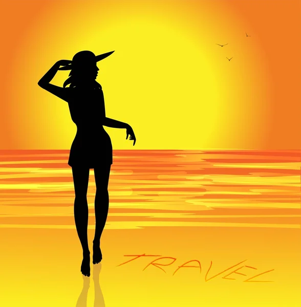 Silueta de chica en la playa — Vector de stock