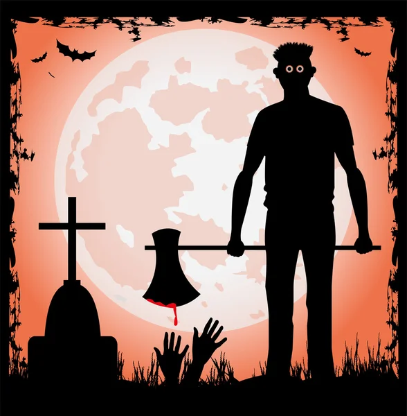 Hombre con hacha en la noche de halloween — Vector de stock