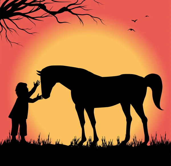 Silhueta de criança acariciando um cavalo — Vetor de Stock