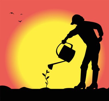 Adam küçük bir bitki sulama