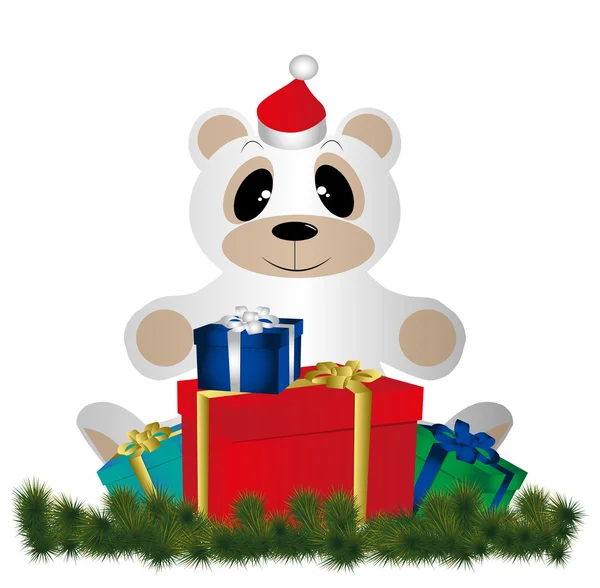 Osito de peluche de Navidad con paquetes de regalo — Vector de stock