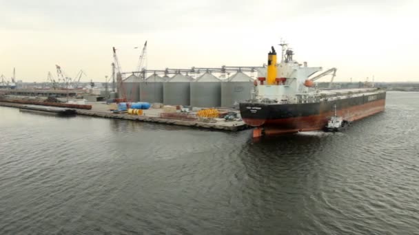 Bulkcarrier in de buurt van de graanschuren — Stockvideo