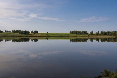Göletin kenarındaki kolza tohumu tarlasında çiçek açan manzara