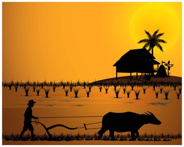 Siluet çiftçi pulluğu çeltik tarlası vektör tasarımında