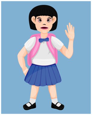 Sırt çantası ve kitapları olan sevimli küçük bir kız.