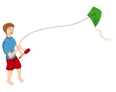 Beyaz arka planda uçurtmayla balık tutan çocuk