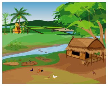 Ağaçlı ve dağlı bir çiftlik arazisinin vektör çizimi