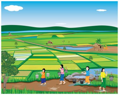 Yel değirmeniyle tarlada çiftçiler