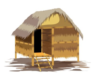 Beyaz arka planda şemsiyeli ve palmiye ağaçlı plaj