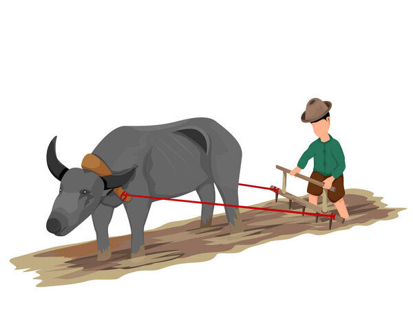 farmer with a cow in the field, vector illustration