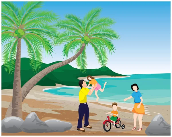 Vector Illustration Couple Children Beach — Archivo Imágenes Vectoriales