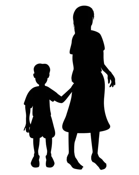 一个女孩和一个孩子的黑色轮廓 — 图库矢量图片