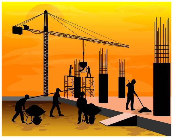 Construction Workers Working Building Site — Stock Vector