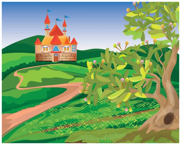 Illustration Château Avec Paysage Une Plante — Image vectorielle