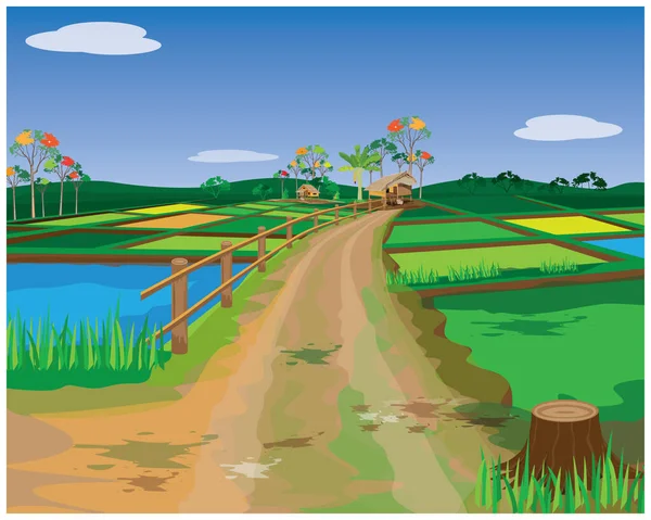 Иллюстрация Пейзажа Полем Зеленой Травы Холмом — стоковый вектор