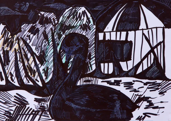 Gölette el yapımı yalnız bir kuğu.