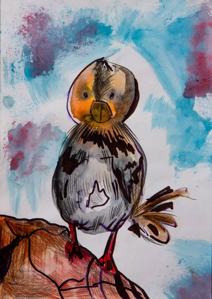 Sparrow Kävely Maassa Maalattu Akvarelli — kuvapankkivalokuva