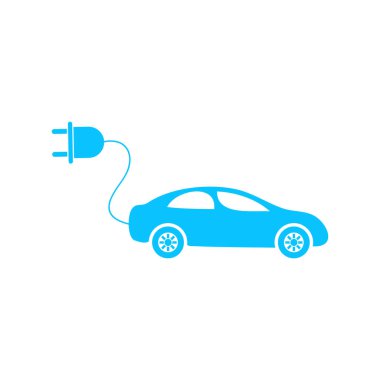 Elektrikli araba ikonu düz. Beyaz arka planda mavi resim. Vektör illüstrasyon sembolü