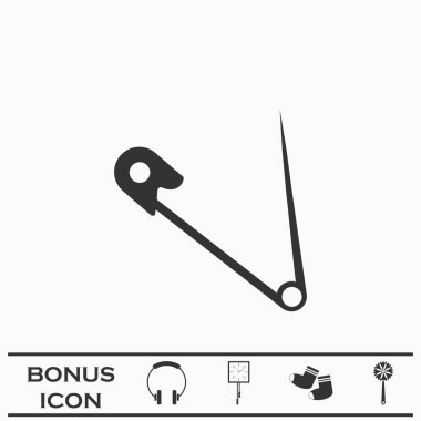 Güvenlik iğnesi yassı. Beyaz arka planda siyah resim. Vektör illüstrasyon sembolü ve bonus düğmesi