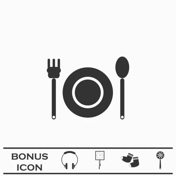 Assiette Avec Fourchette Cuillère Icône Plat Pictogramme Noir Sur Fond — Image vectorielle