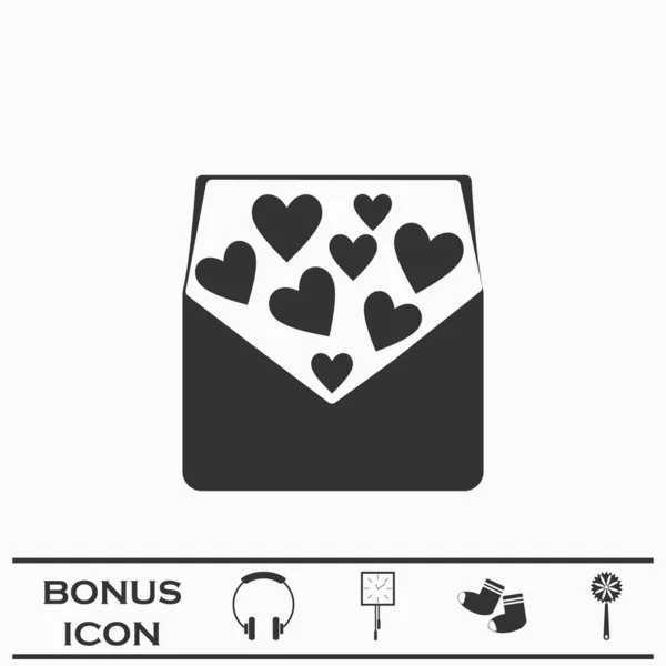 愛の手紙アイコンフラット 白い背景の黒いピクトグラム ベクターイラストのシンボルとボーナスボタン — ストックベクタ