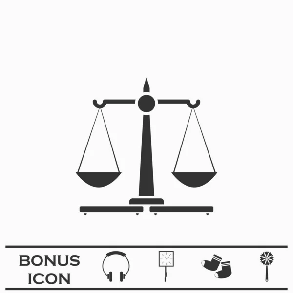 Justice Scales simgesi düz. Beyaz arka planda siyah resim. Vektör illüstrasyon sembolü ve bonus düğmesi