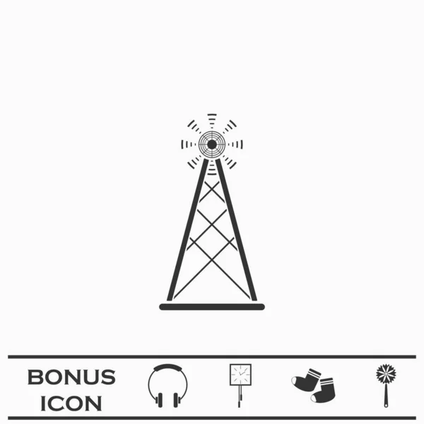 電波塔放送アンテナアイコンフラット 白い背景の黒いピクトグラム ベクターイラストのシンボルとボーナスボタン — ストックベクタ