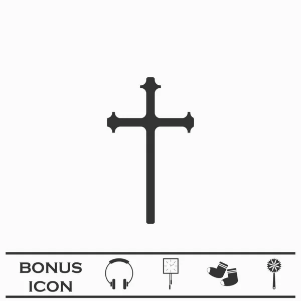 宗教クロスアイコンフラット 白い背景の黒いピクトグラム ベクターイラストのシンボルとボーナスボタン — ストックベクタ
