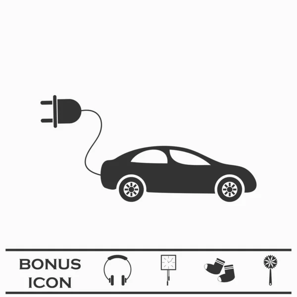 Elektrische Auto Pictogram Plat Zwart Pictogram Witte Achtergrond Vector Illustratie — Stockvector