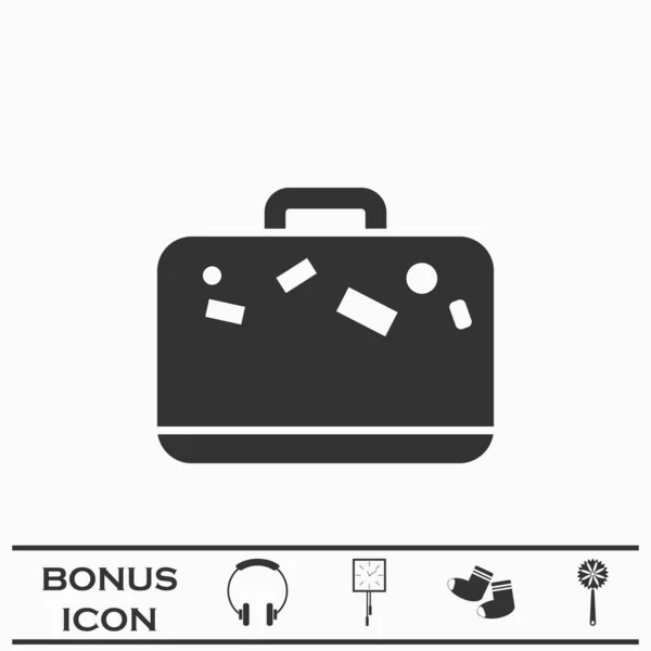 旅行バッグアイコンフラット 白い背景の黒いピクトグラム ベクターイラストのシンボルとボーナスボタン — ストックベクタ
