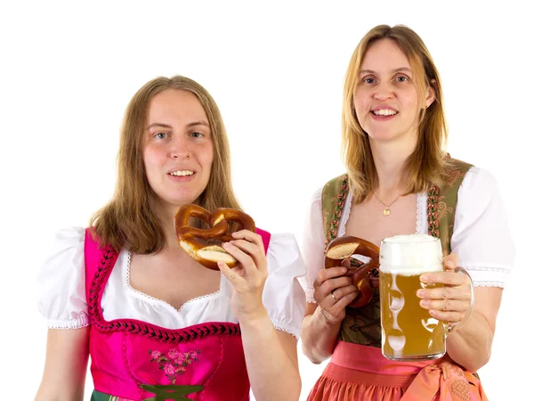 Eating pretzel and drinking beer at oktoberfest — Stock Photo, Image