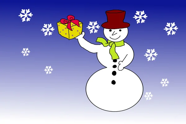 Сніговик з різдвяним подарунком — стокове фото