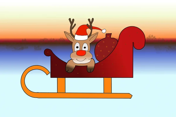 Rudolph sitting in Santas sleigh — Stock Photo, Image