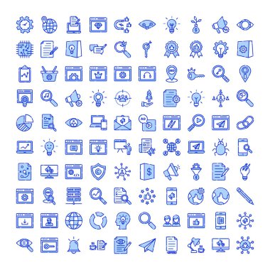 Renkli düz ağ ve SEO simgelerinin vektör kümesi. Mobil ve web uygulamalarınız için 4 farklı biçime sahip kavram ve tasarım ögeleri.