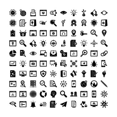 Renkli düz ağ ve SEO simgelerinin vektör kümesi. Mobil ve web uygulamalarınız için 4 farklı biçime sahip kavram ve tasarım ögeleri.