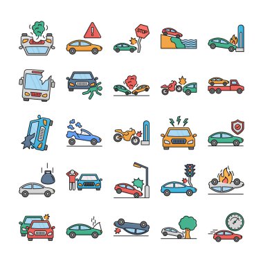 Araba kazası sigorta, yangın, çarpışma, trafik, enkaz, açık artırma ve araba hasar motorlarından oluşan ayrı bir set, her simge kolayca değiştirilebilir veya düzenlenebilir