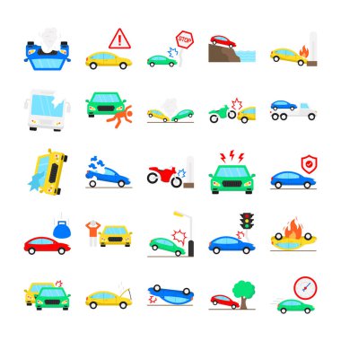 Araba kazası, araba sigortası, yangın, çarpışma, trafik, enkaz, açık artırma ve hasar motorlarından oluşan izole edilmiş, her bir simge kolayca değiştirilebilir veya düzenlenebilir