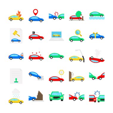 Araba kazası, araba sigortası, yangın, çarpışma, trafik, enkaz, açık artırma ve hasar motorlarından oluşan izole edilmiş, her bir simge kolayca değiştirilebilir veya düzenlenebilir