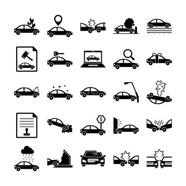 Araba kazası sigorta, yangın, çarpışma, trafik, enkaz, açık artırma ve araba hasar motorlarından oluşan ayrı bir set, her simge kolayca değiştirilebilir veya düzenlenebilir